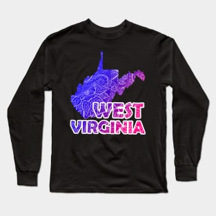 Colorful mandala art map of West Virginia with text in blue and violet Long Sleeve T-Shirt